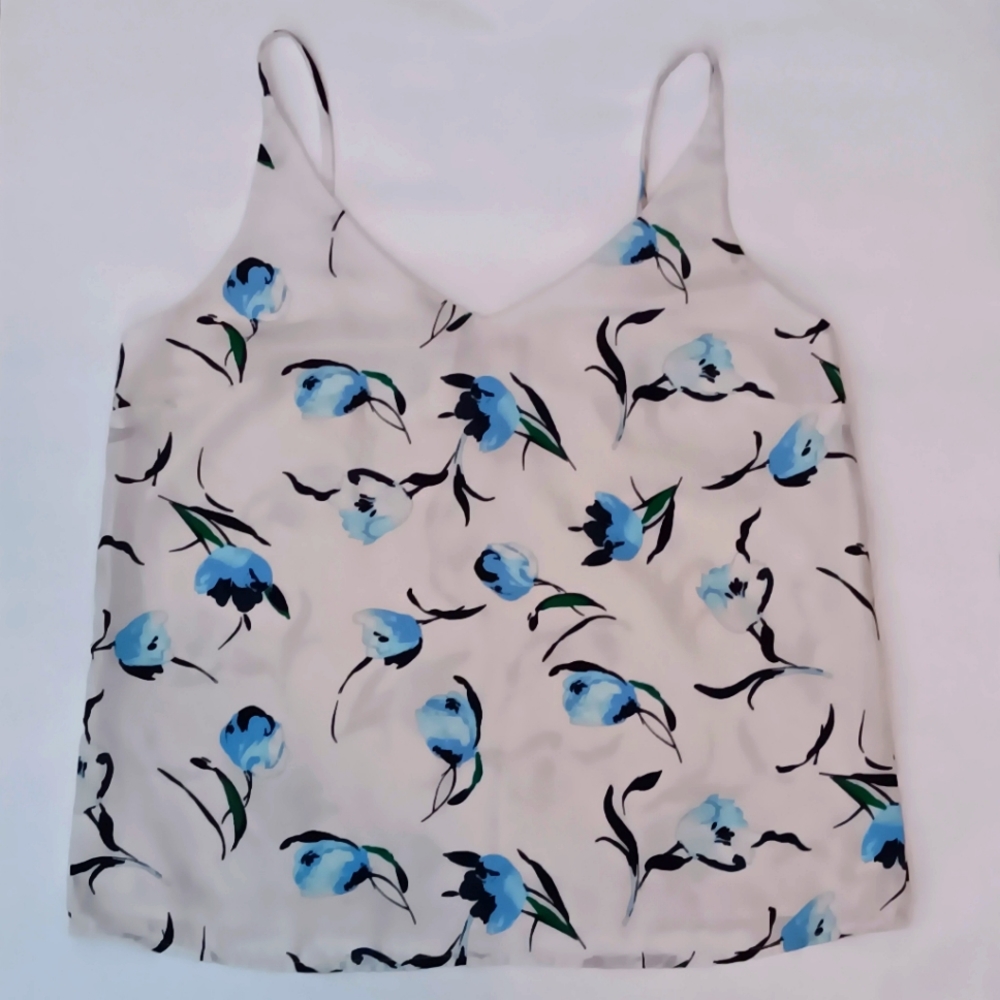 White Spaghetti Strap Blouse, Watercolor Pattern Blue Flowers